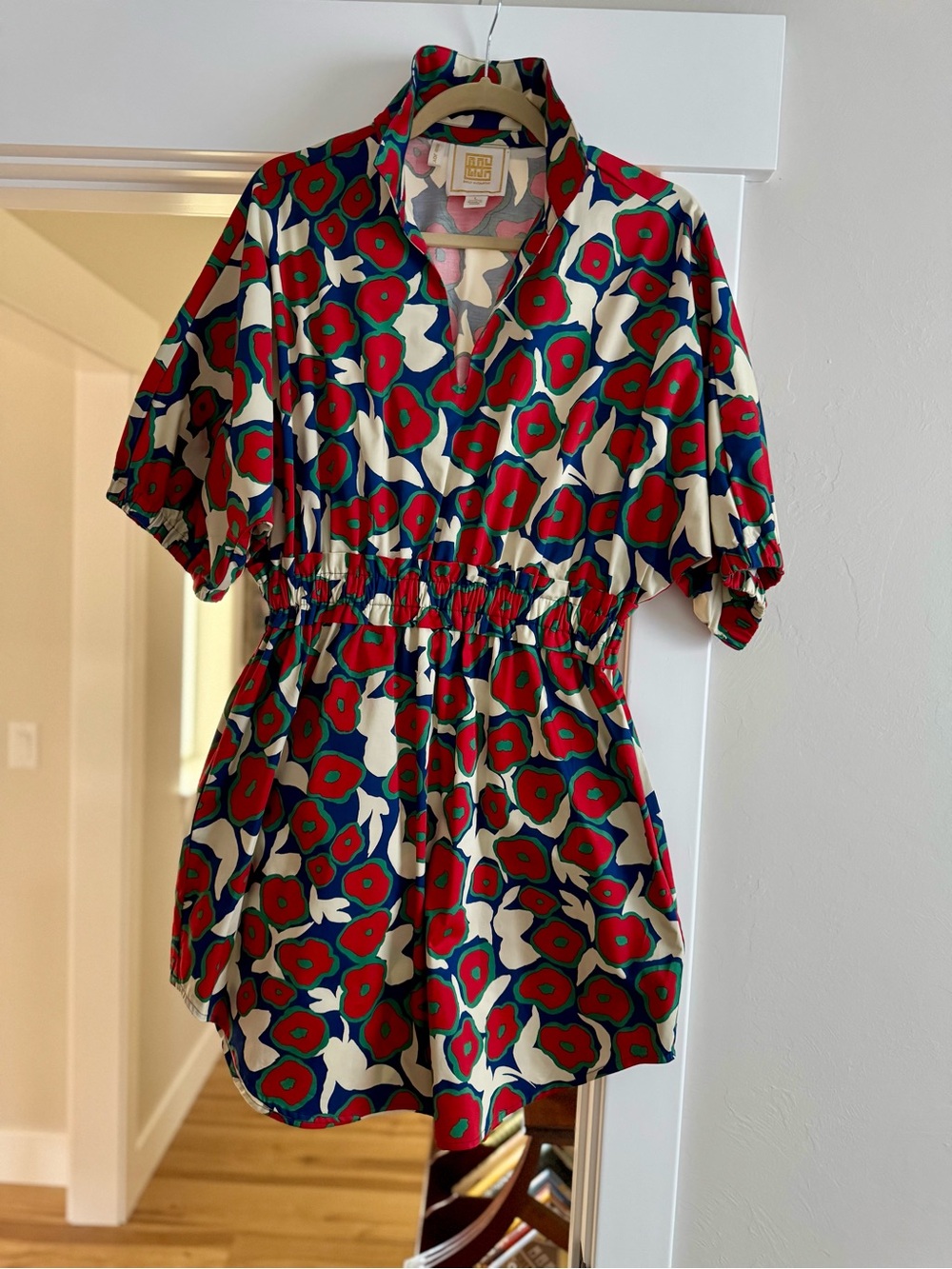 Red & Navy Floral Elastic-Waist Mini Dress